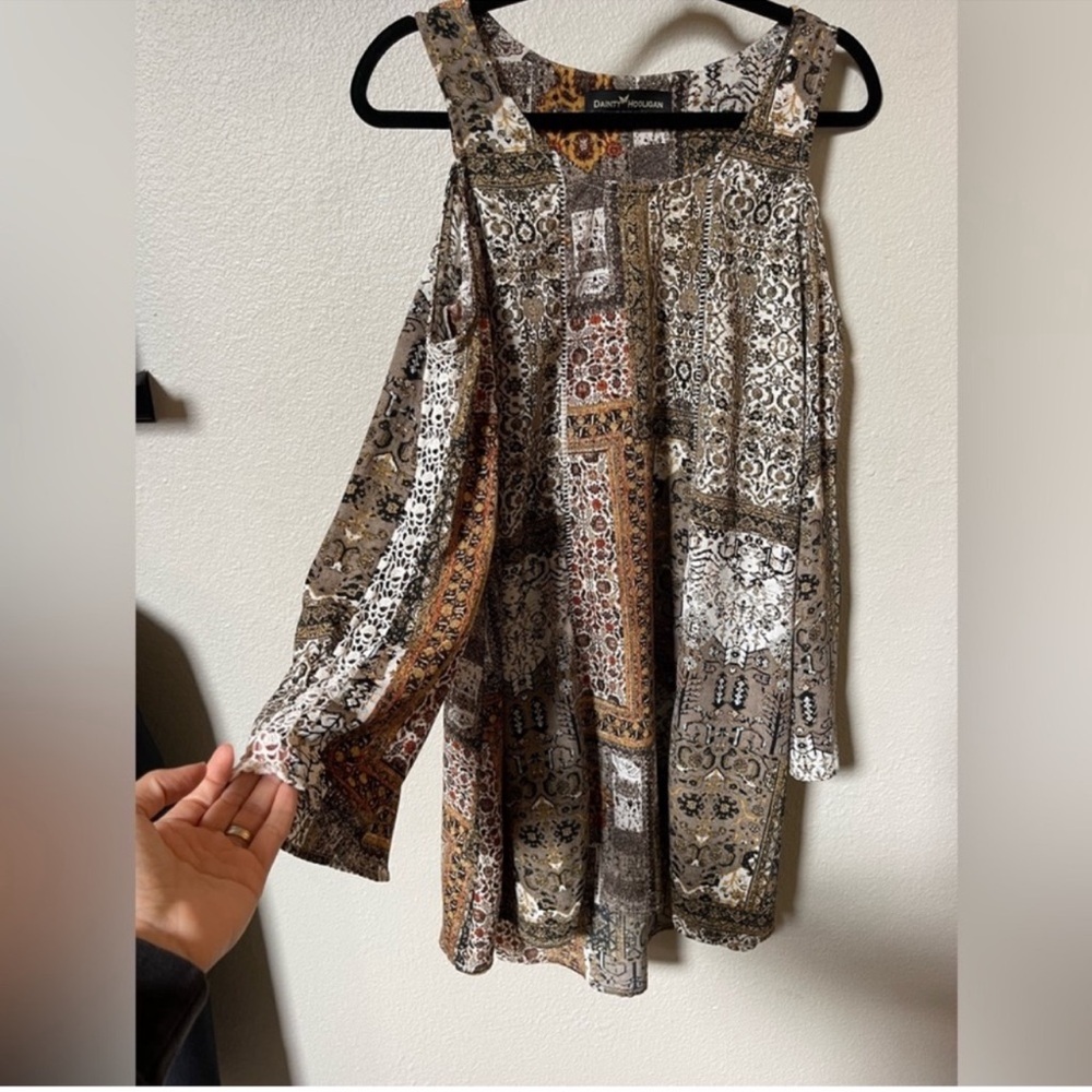 Boho Flower Child Festival Summer Patchwork Cold Shoulder Dress